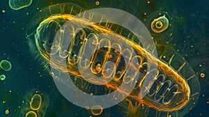 A microscopic view of a mitochondrion showing its unique double membrane structure. The outer membrane appears as a