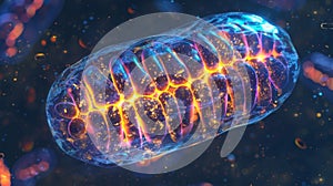 A microscopic view of a mitochondrion undergoing the process of oxidative phosphorylation. The numerous cristae on the
