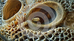 A microscopic view of a nematode egg its surface covered in intricate ridges and dimples. A tiny round opening at one