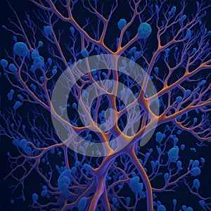 Microscopic view of Neural network Brain cells, Human nervous system, 3d illustration