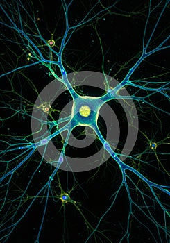 Microscopic View of a Neuron Network with Bright Green and Blue Highlights