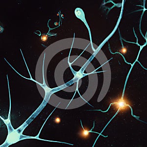 Microscopic view of neurons. Brain connections. Synapses. Communication and cerebral stimulus