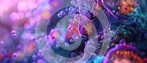 Microscopic view of organic structure, banner with purple abstract background, micro life close-up. Concept of science, macro,