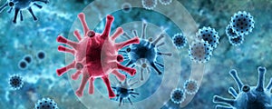 Microscopic view of pathogen SARS-CoV-2 corona virus in cell on blue background, 3d illustration, Panoramic banner with