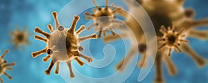 Microscopic view of pathogen SARS-CoV-2 corona virus in cell on blue background, 3d illustration, Panoramic banner with