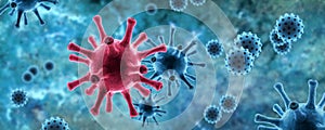 Microscopic view of pathogen SARS-CoV-2 corona virus in cell on blue background, 3d illustration, Panoramic banner with photo
