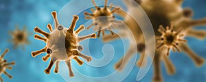 Microscopic view of pathogen SARS-CoV-2 corona virus in cell on blue background, 3d illustration, Panoramic banner with photo