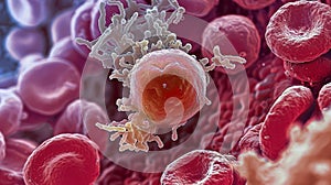 A microscopic view of a platelet a small discshaped cell that aids in clotting surrounded by red and white cells. . photo