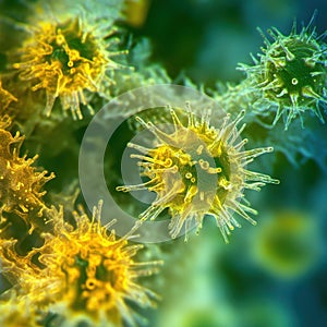 Microscopic view of pollen grains, featuring delicate spiny textures and smooth, geometric patterns
