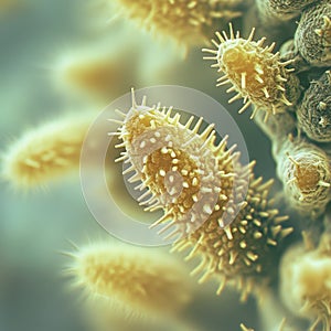 Microscopic view of pollen grains, featuring delicate spiny textures and smooth, geometric patterns