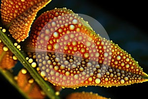 microscopic view of pollen grains on a leaf