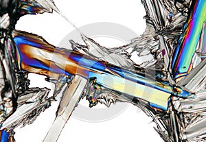 Microscopic view of potassium nitrate crystal in polarized light