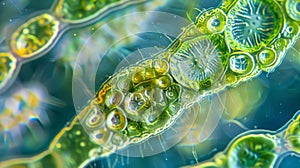 A microscopic view of a protist known as Euglena containing chloroplasts that make it capable of photosynthesis