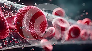 Microscopic view of red blood cells flowing. Generated Ai photo