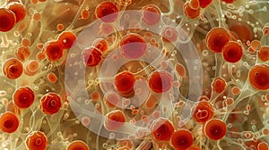 A microscopic view of a red tide with a multitude of redcolored dinoflagellates covering the surface of the ocean. The