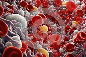 microscopic view of red and white blood cells