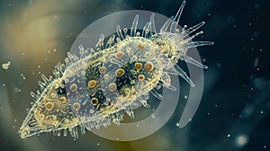 A microscopic view of a rotifer its body covered in cilia that move in a synchronized waving motion as the tiny creature photo