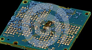 Microscopic view of severe circuit board damage