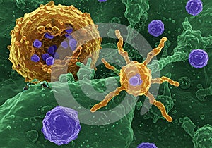 Microscopic view of immune cells interacting in a body