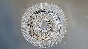 A microscopic view of a single diatom frustule showing the intricate arrangement of pores and spikes on its surface. .