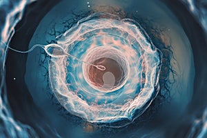 Microscopic View: Sperm Approaching Egg in Fertilization Process
