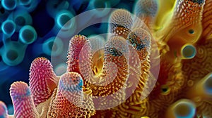 A microscopic view of a spore structure releasing its contents a cloud of miniscule spores drifting into the surrounding