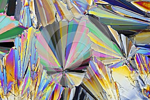 Microscopic view of sucrose crystals in polarized light