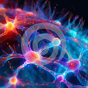 Microscopic view of the synapses. Brain connections. Neurons and synapses. Communication and cerebral stimulus. Generated image
