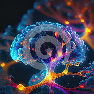 Microscopic view of the synapses. Brain connections. Neurons and synapses. Communication and cerebral stimulus. Generated image