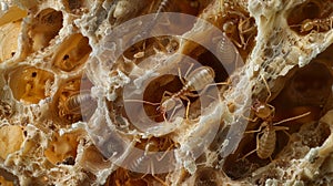 A microscopic view of a termite colony revealing the intricate tunnels and chambers created by these small insects. The