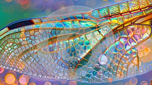A microscopic view of a tiny section of a dragonflys shimmering wing revealing the tiniest scales and colorful patterns