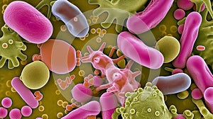 Microscopic view of various colorful bacteria and microorganisms