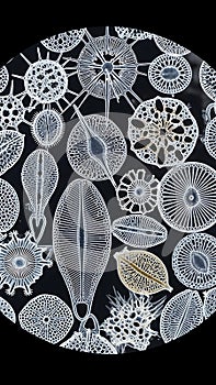 Microscopic view of various diatoms
