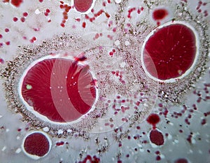 A microscopic view of a vibrant, organic pattern, with a mesmerizing array of red circles on a white background