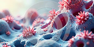 Microscopic view of viral particles adhering to a cellular surface, showing complex interactions and structures at a nanoscopic