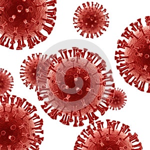 Microscopic view of viral particles in red
