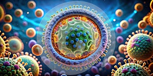 Microscopic view of viral structures and their complex interactions within a cellular environment. Generative AI