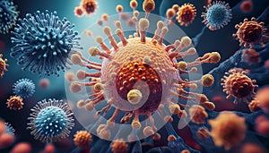 Microscopic view of viruses attacking cells, a visualization of infection