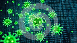 Microscopic View of Viruses and Binary Code Digital Pandemic