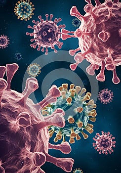 Microscopic View of Viruses in Dark Blue Background