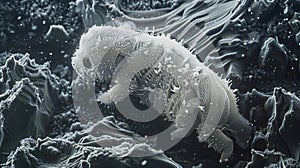 A microscopic view of a water bear navigating through a pile of hot ash. The ash particles appear to be bouncing off the