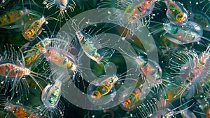 A microscopic view of zooplankton small aquatic animals in the midst of a plankton bloom providing a critical food