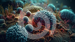Microscopic virus cells and bacteria 3d