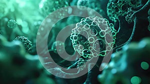 Microscopic virus cells multiplying in green fluid