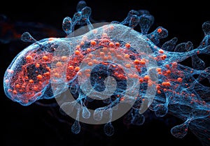 Microscopic Virus Glowing Blue and Orange Particle Network