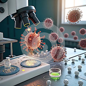 Microscopic Virus Research 3D Render of Coronavirus Under Microscope