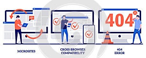 Microsite interface, cross-browser compatibility, 404 error concept with tiny people. Web development vector illustration set.