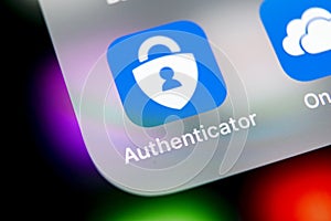 Microsoft authenticator application icon on Apple iPhone X smartphone screen close-up. Microsoft Authenticator app icon. Social ne
