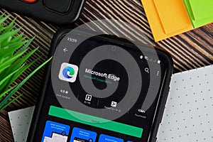 Microsoft Edge dev application on Smartphone screen. Edge is a freeware web browser developed by Microsoft Corporation.BEKASI,