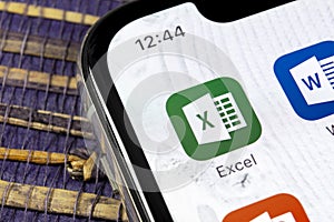 Microsoft Excel application icon on Apple iPhone X screen close-up. Microsoft office Excel app icon. Microsoft office on mobile ph